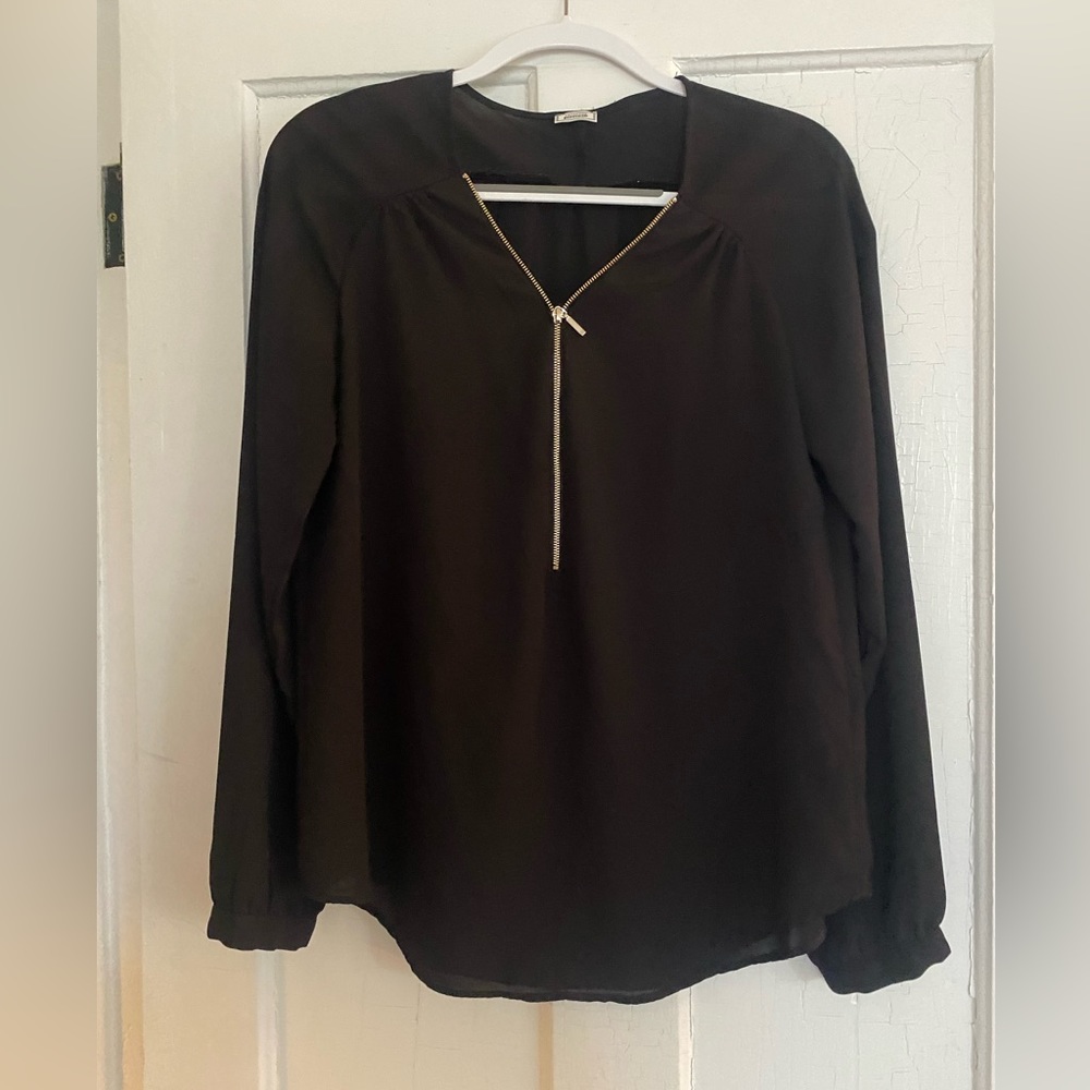 Black Chiffon Zipper Long Sleeve Shirt